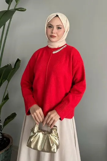 Red Knit Sweater with Shell Accents