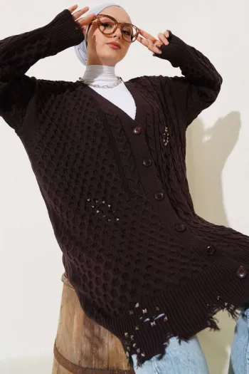 Torn Buttoned Knit Cardigan Brown