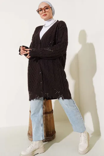 Torn Buttoned Knit Cardigan Brown