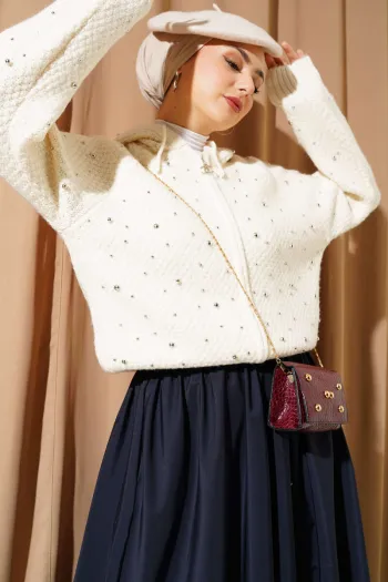 Pearl Embellished Hooded Short Knit Cardigan Bone