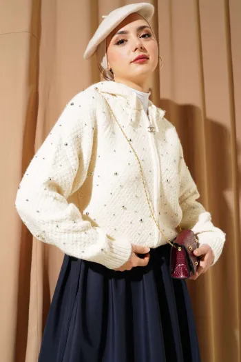 Pearl Embellished Hooded Short Knit Cardigan Bone