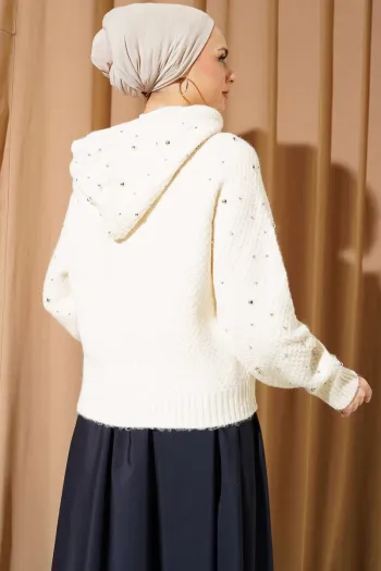 Pearl Embellished Hooded Short Knit Cardigan Bone