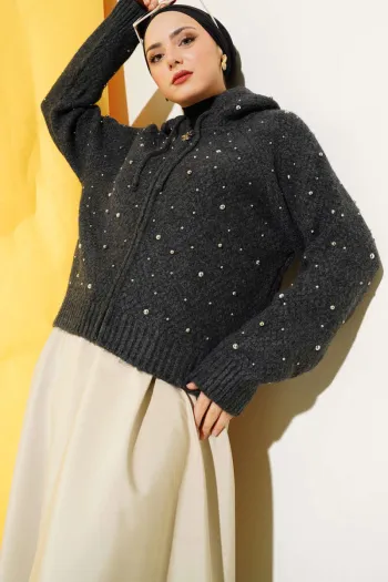 Pearl Embellished Short Hoodie Sweater in Anthracite