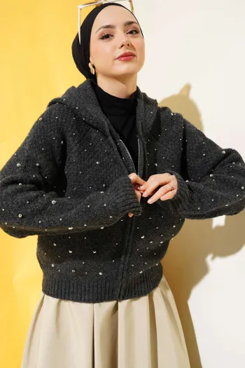 Pearl Embellished Short Hoodie Sweater in Anthracite
