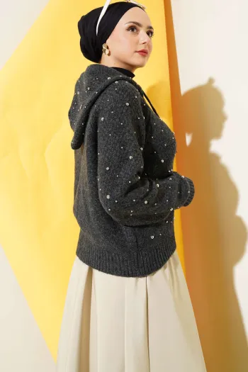 Pearl Embellished Short Hoodie Sweater in Anthracite