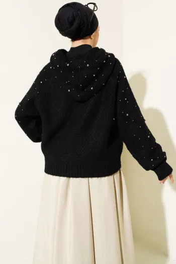 Short Hooded Knitted Cardigan with Pearls - Black