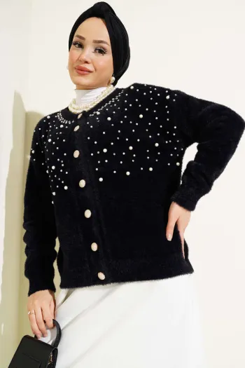 Short Black Cardigan with Pearl and Stone Details