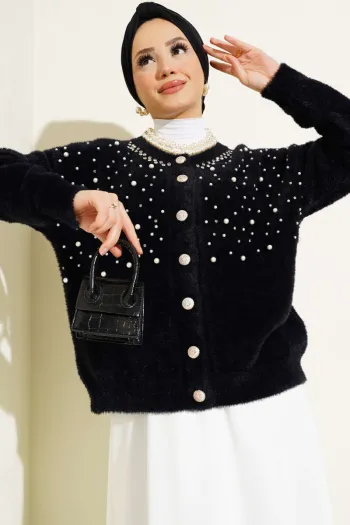Short Black Cardigan with Pearl and Stone Details