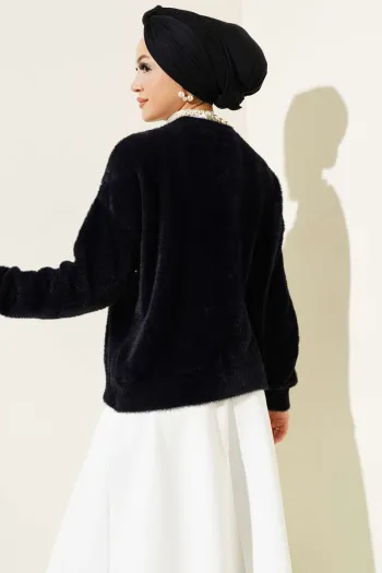 Short Black Cardigan with Pearl and Stone Details
