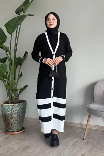 Long Black Striped Knitted Cardigan