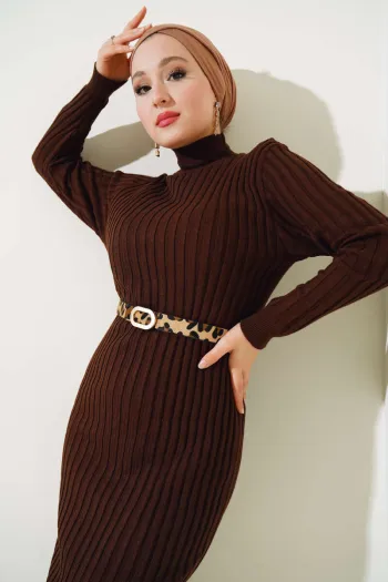 Ribbed Half Turtle Neck Knit Dress in Brown