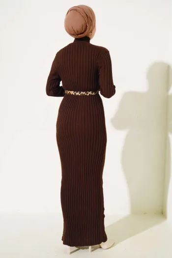 Ribbed Half Turtle Neck Knit Dress in Brown