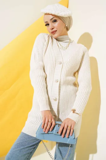 Beige Knitted Cardigan with Buttoned Front