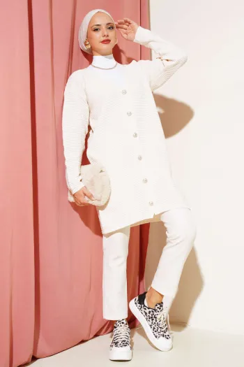 Beige Button-Up Horizontal Ribbed Knit Cardigan