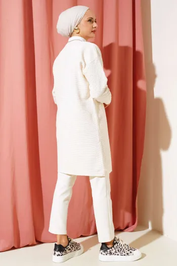Beige Button-Up Horizontal Ribbed Knit Cardigan