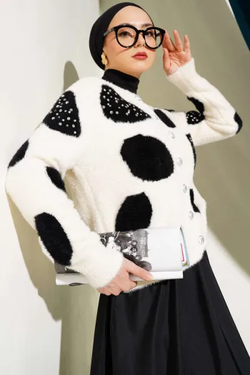Cream Dalmatian Print Pearl Short Knit Cardigan