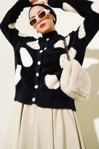 Black Short Knitted Cardigan with Dalmatian Print and Pearls