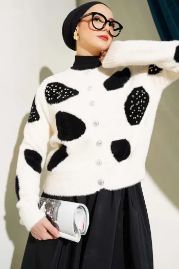 Cream Dalmatian Print Pearl Short Knit Cardigan