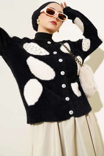 Black Short Knitted Cardigan with Dalmatian Print and Pearls