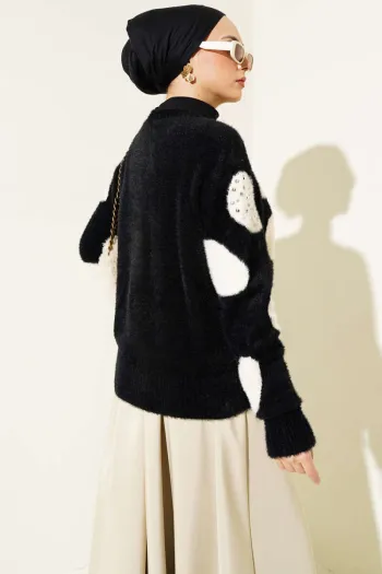 Black Short Knitted Cardigan with Dalmatian Print and Pearls