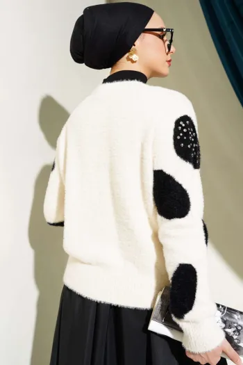 Cream Dalmatian Print Pearl Short Knit Cardigan