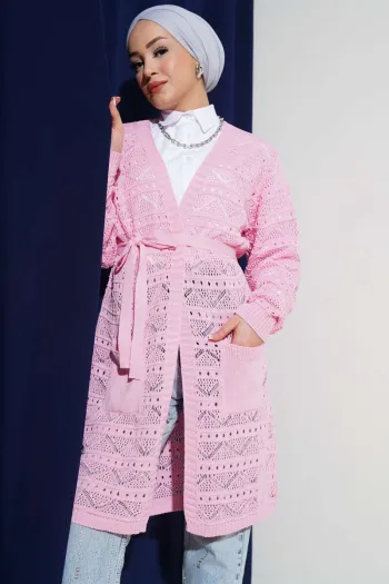 Pink Knitted Cardigan with Zigzag Pattern and Belt