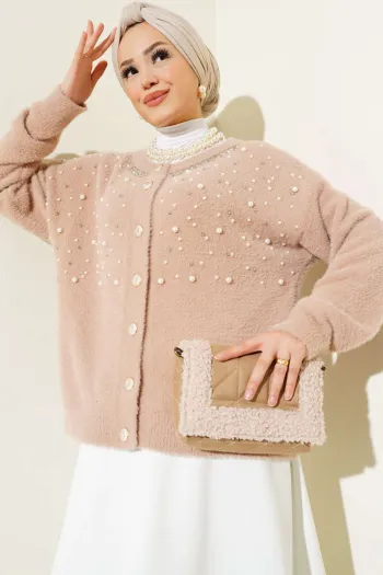 Beaded Stone Embellished Short Cardigan in Biscuit