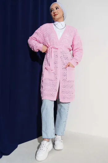 Pink Knitted Cardigan with Zigzag Pattern and Belt