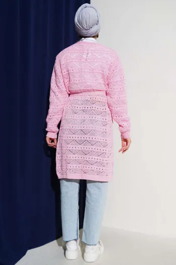 Pink Knitted Cardigan with Zigzag Pattern and Belt