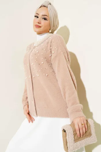 Beaded Stone Embellished Short Cardigan in Biscuit