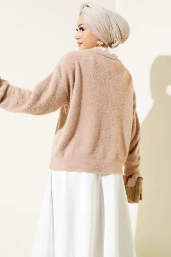 Beaded Stone Embellished Short Cardigan in Biscuit
