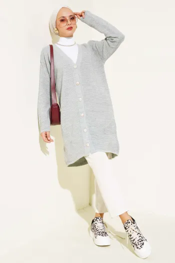 Gray Button-Up Ribbed Knit Cardigan