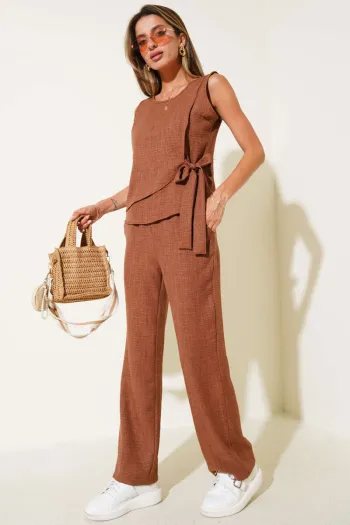 Coffee Colored Two-Piece Set with Side Ties