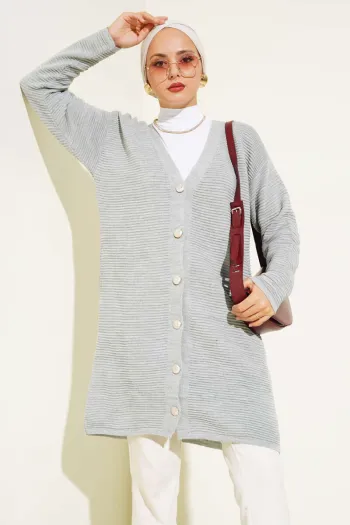 Gray Button-Up Ribbed Knit Cardigan