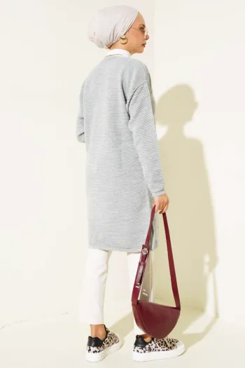 Gray Button-Up Ribbed Knit Cardigan