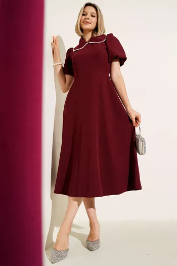 Beaded Collar Balloon Sleeve Dress in Burgundy