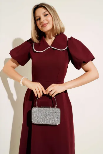 Beaded Collar Balloon Sleeve Dress in Burgundy
