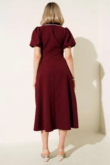 Beaded Collar Balloon Sleeve Dress in Burgundy
