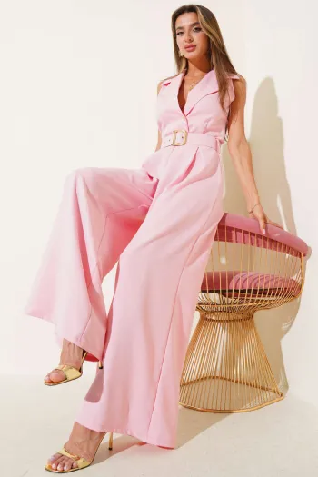 Pink Jumpsuit with Gold Buttons and Belt