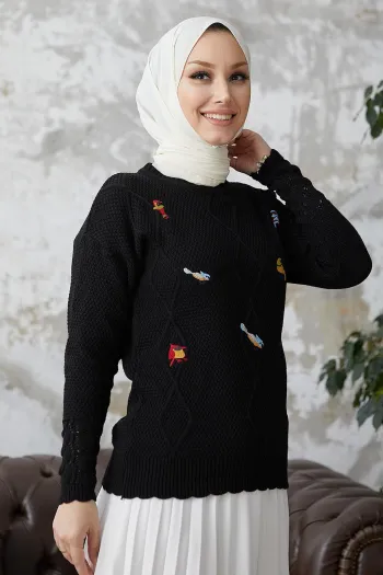 Minsa Bird Print Embroidered Sweater - Black