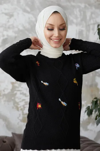 Minsa Bird Print Embroidered Sweater - Black