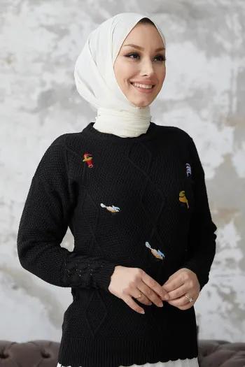 Minsa Bird Print Embroidered Sweater - Black