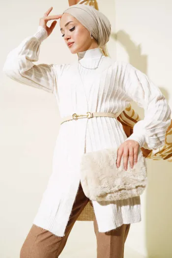 Textured Balloon Sleeve Knit Cardigan Beige