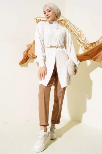 Textured Balloon Sleeve Knit Cardigan Beige