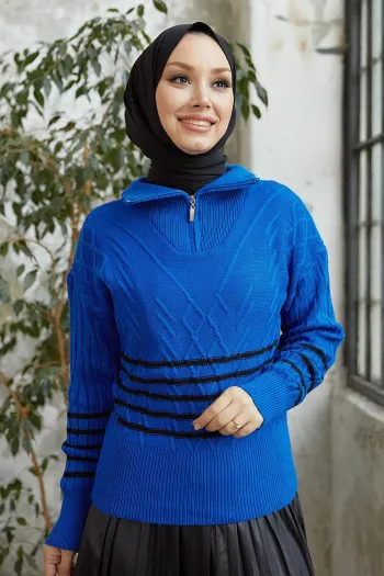 سويفا سُترة صوفية مقلمة بسحاب عند الرقبة - أزرق ملكي