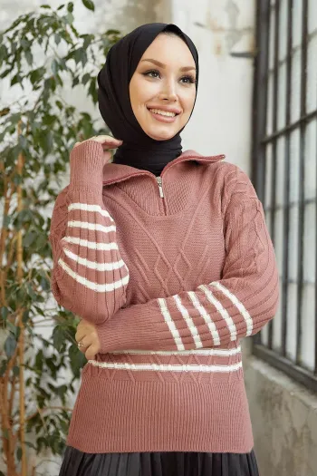 سوفا سترة محبوكة برقبة دائرية بسحاب مخططة - وردي غامق