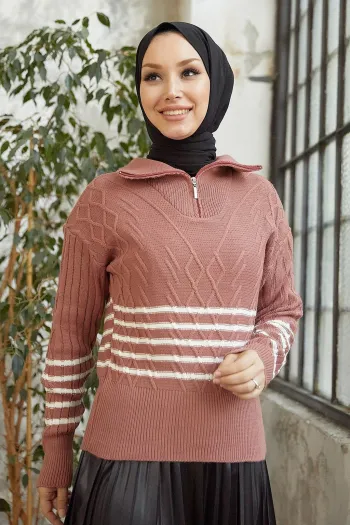 سوفا سترة محبوكة برقبة دائرية بسحاب مخططة - وردي غامق