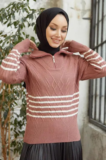 سوفا سترة محبوكة برقبة دائرية بسحاب مخططة - وردي غامق