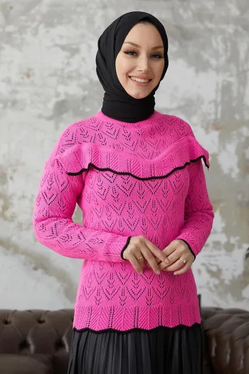 Alvi Striped Detail Fuzzy Knit Sweater - Fuchsia