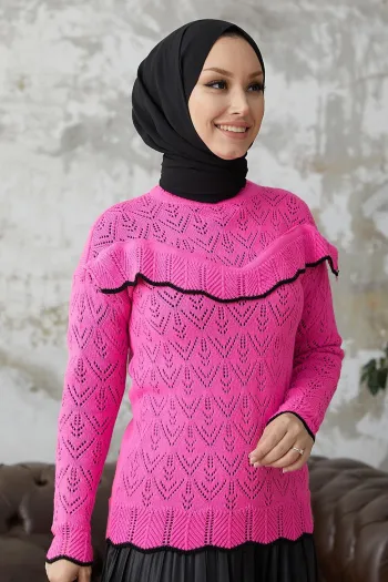 Alvi Striped Detail Fuzzy Knit Sweater - Fuchsia